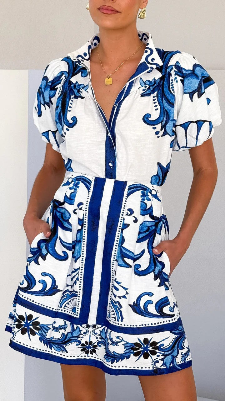 Women’s Linen Puff Sleeve Casual Skirt Set