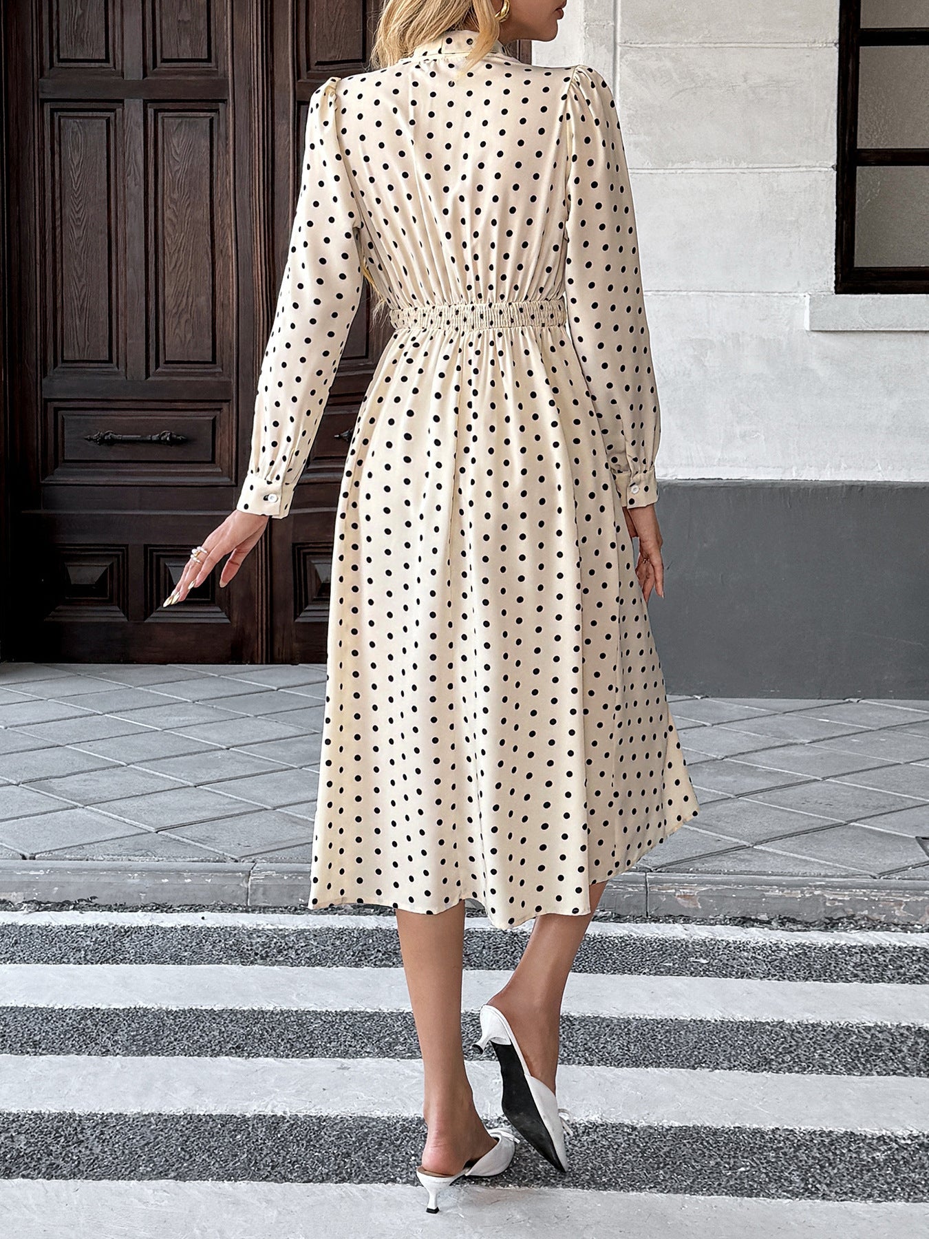 Vintage Polka Dot Bow Neck Midi Dress Women