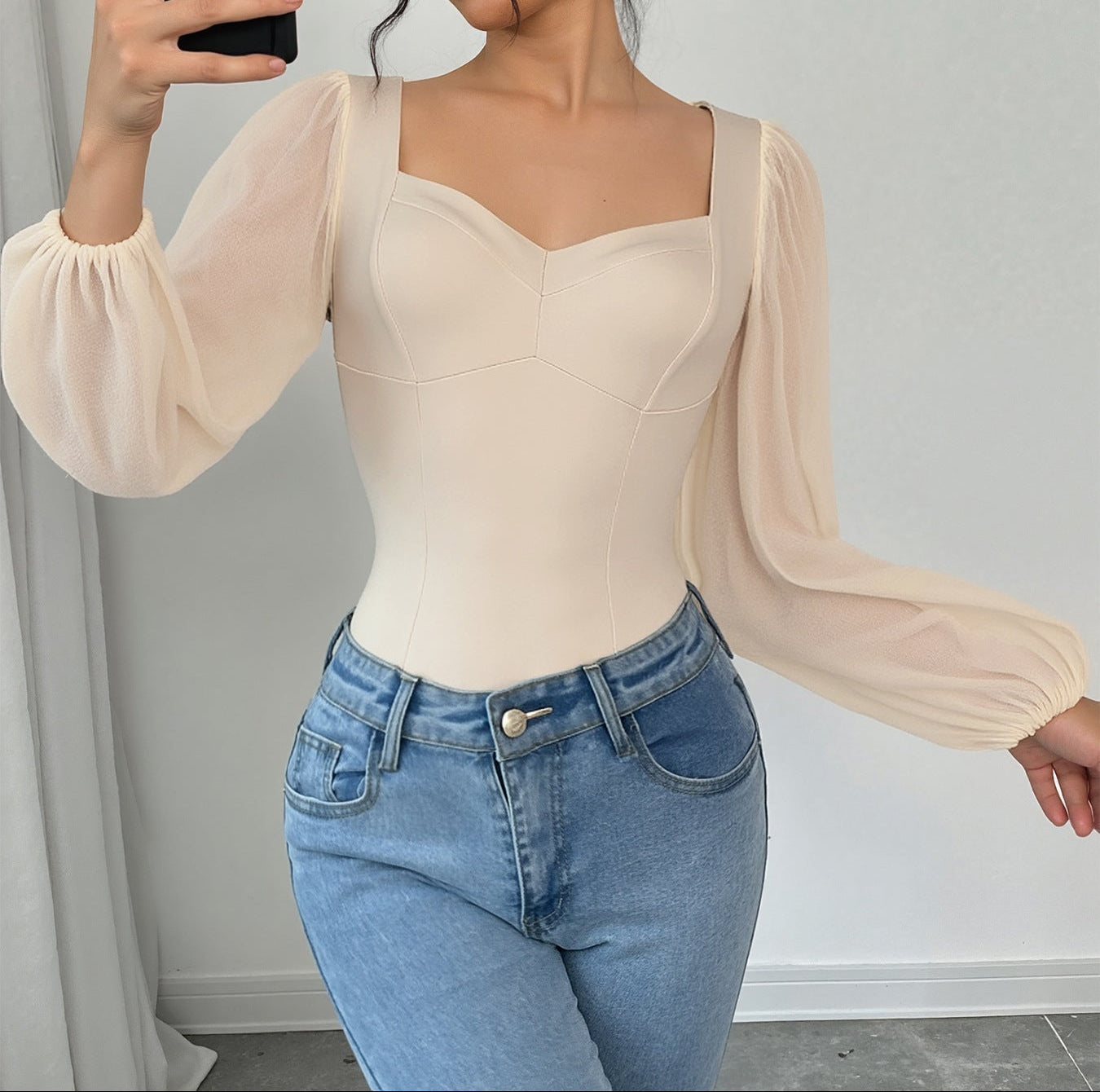 Square Neck Mesh Long Sleeve Solid Color Bodysuit