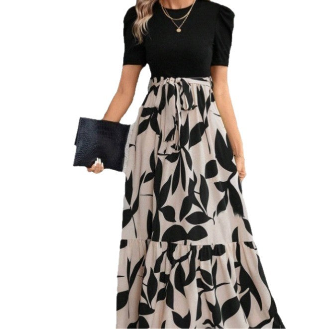 Black and White Floral Print Dress with Belted Waist
