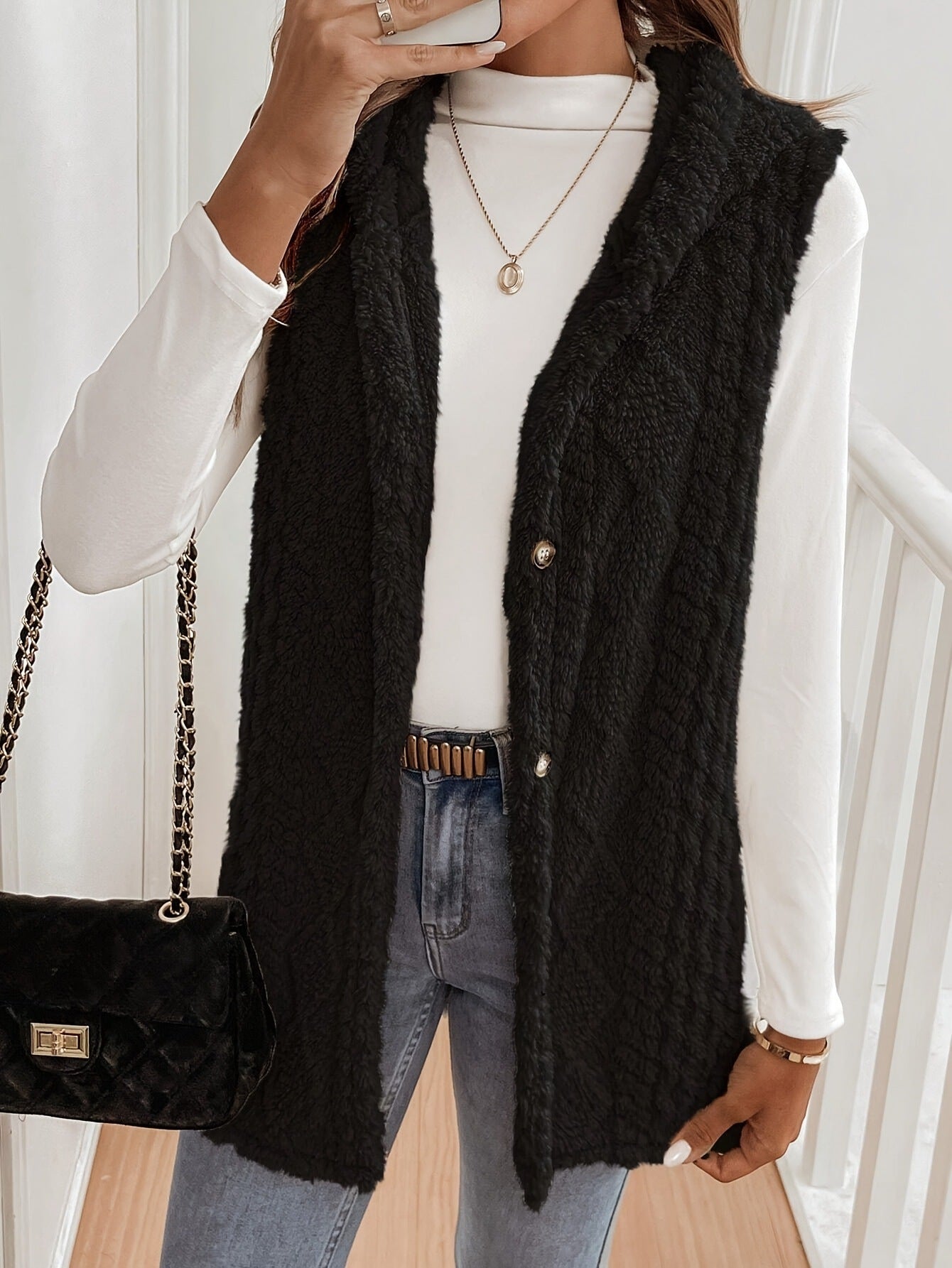 Double Sided Plush Hooded Button Front Vest for Women