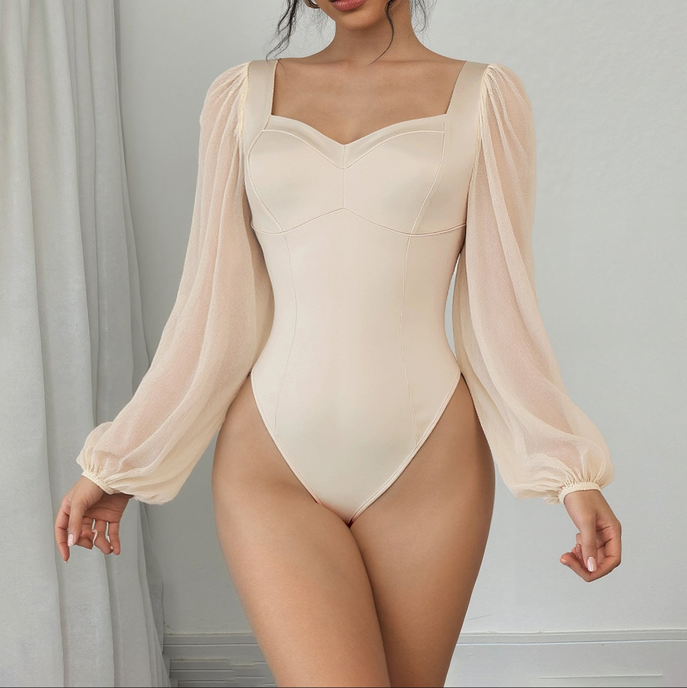 Square Neck Mesh Long Sleeve Solid Color Bodysuit