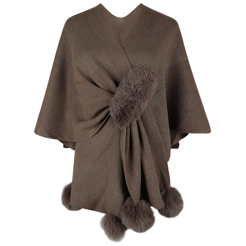 Pom Pom Knit Cape Sweater Shawl Cardigan for Women