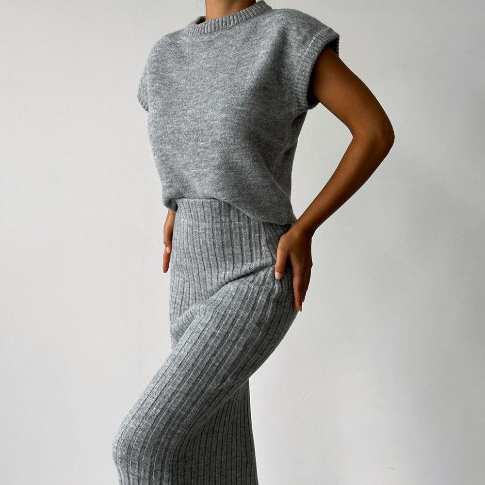 Women Sleeveless Knit Sweater Top and Long Skirt Set