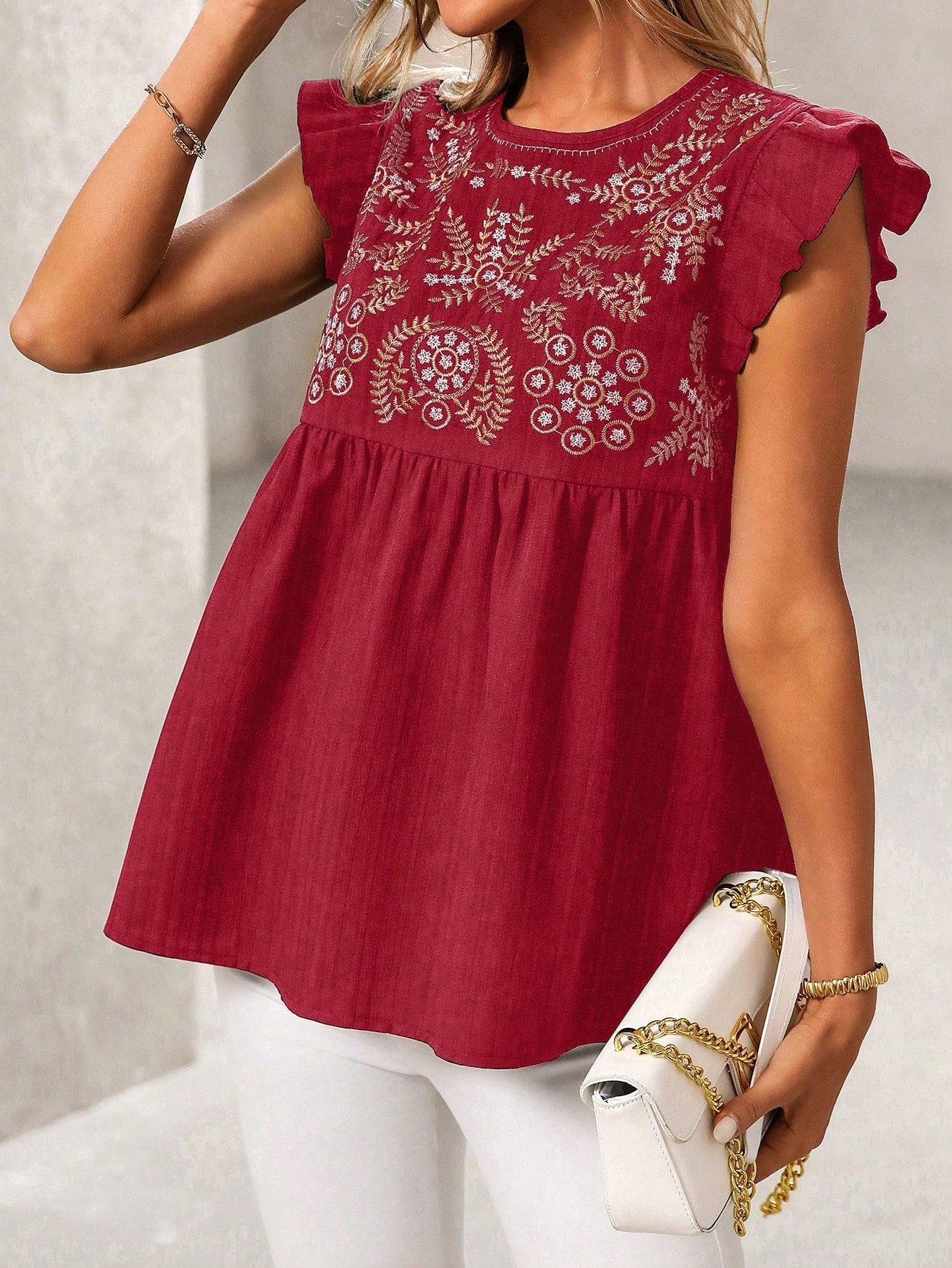 Embroidered Flutter Sleeve Top