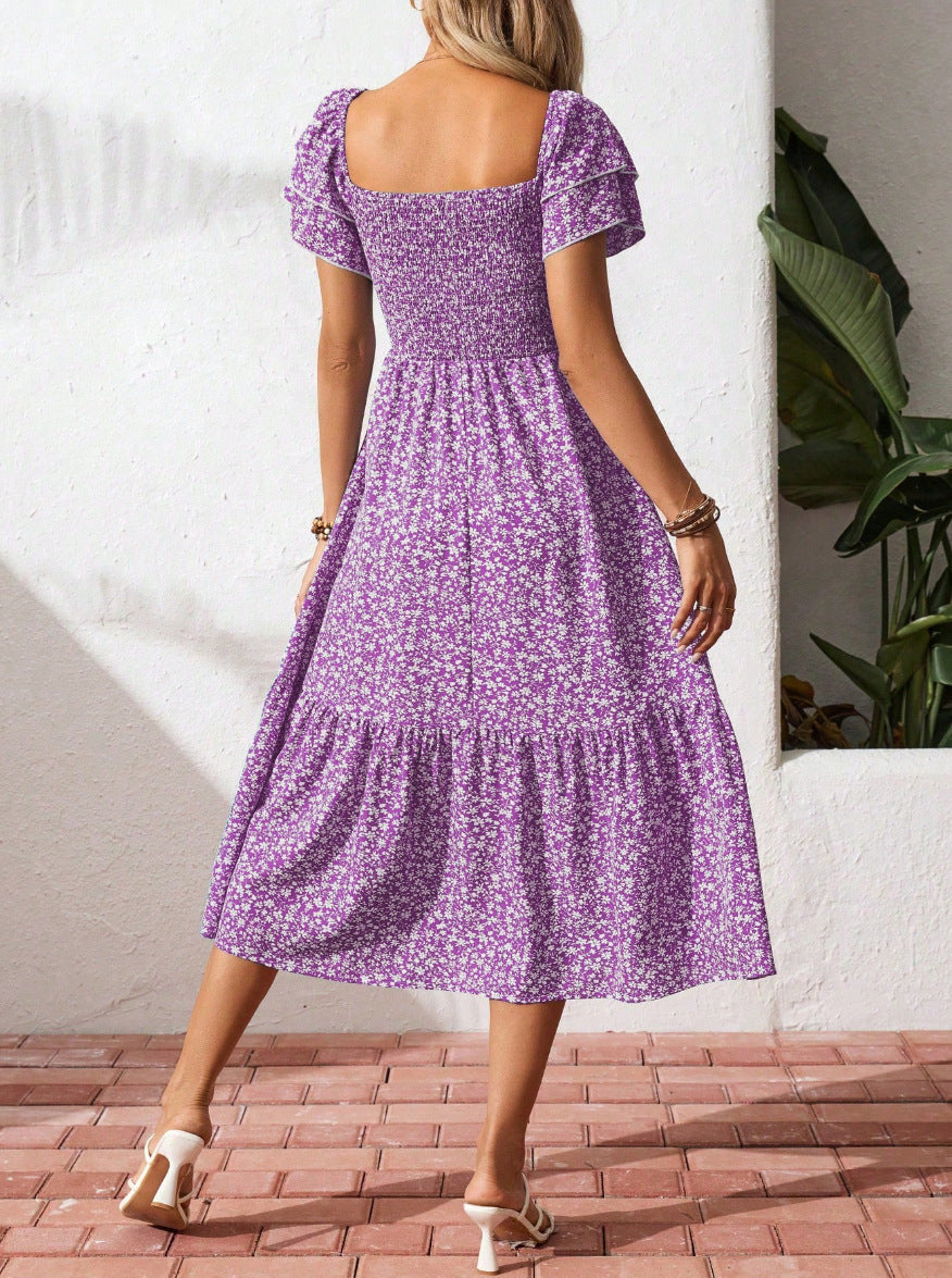 Floral Square Neck Smocked Midi Dress Women