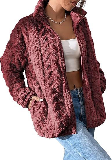 Solid Zip-Up Stand Collar Fleece Jacket