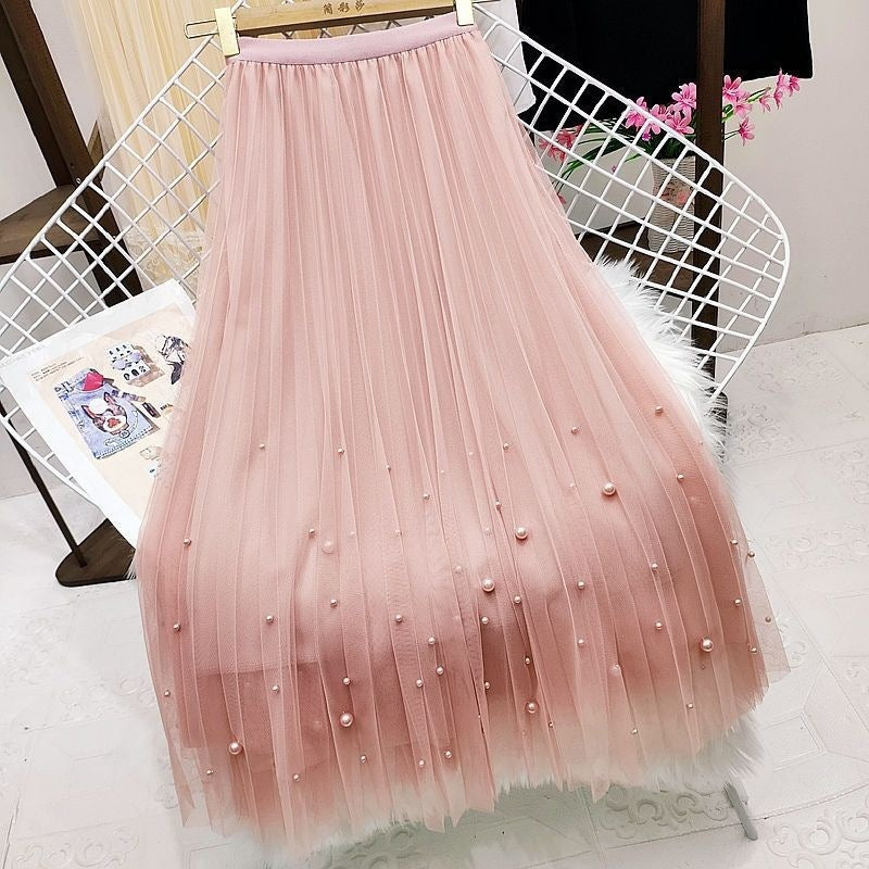 Beaded Mesh Pleated Midi Skirt