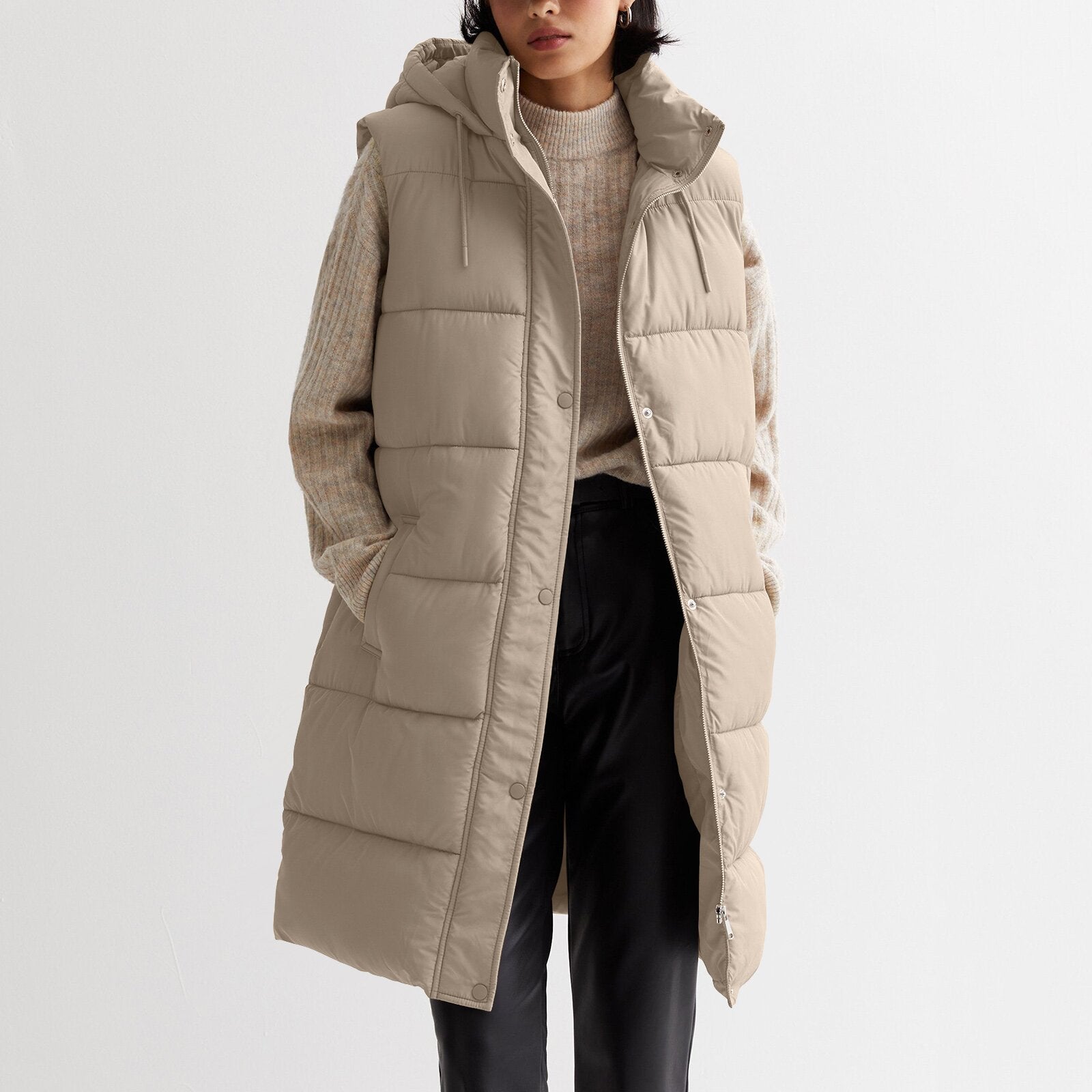 Solid Hooded Longline Zip Vest