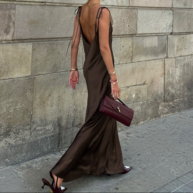 Satin Tie-Strap Sleeveless Maxi Dress