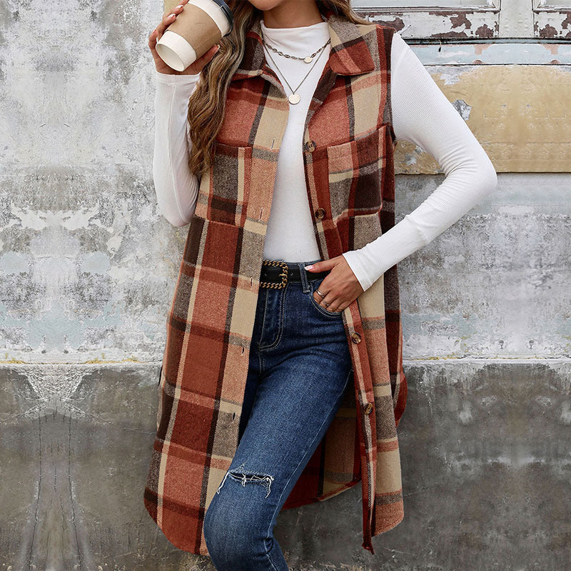 Plaid Button-Up Sleeveless Vest with Pockets