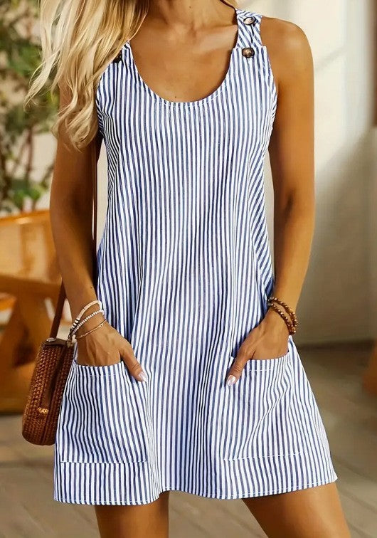 Women Striped Button Pocket Dress