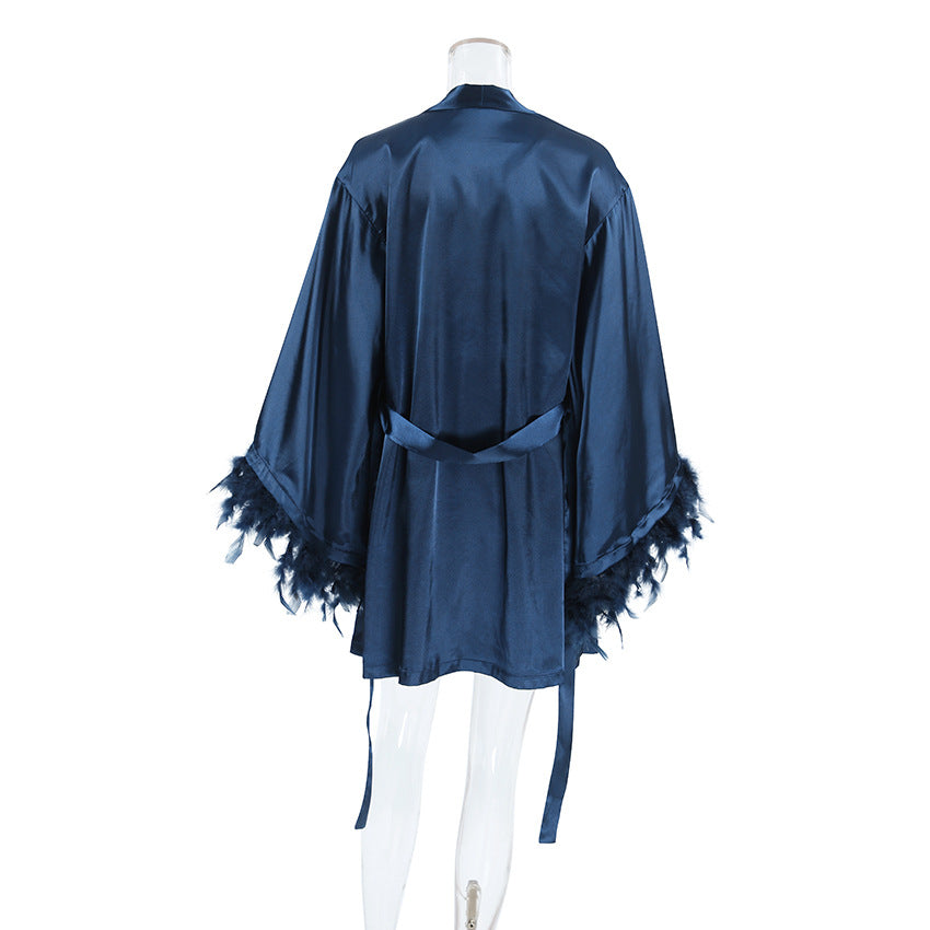 Faux Silk Feather Pajama Set Women Robe Lingerie 3 Piece