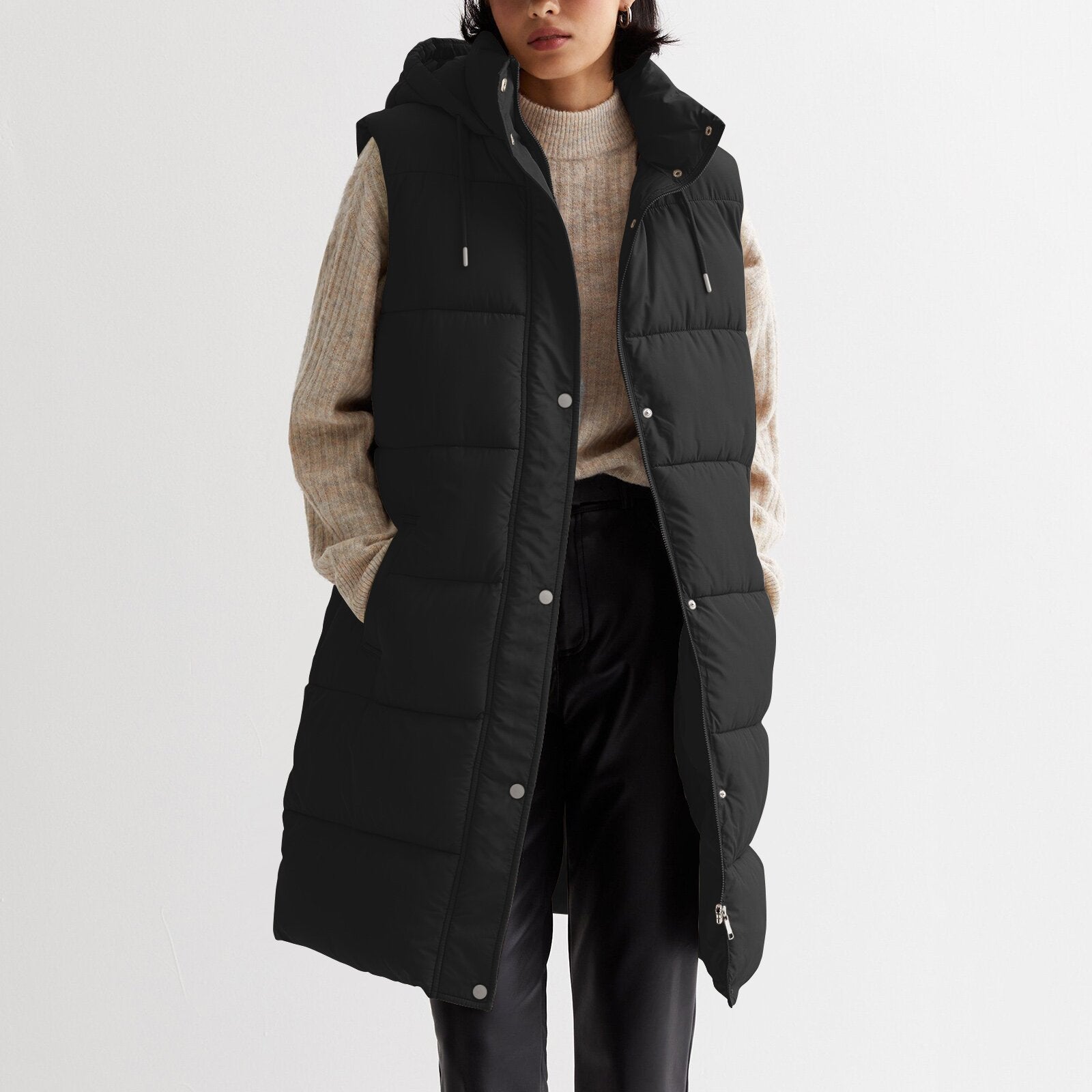 Solid Hooded Longline Zip Vest