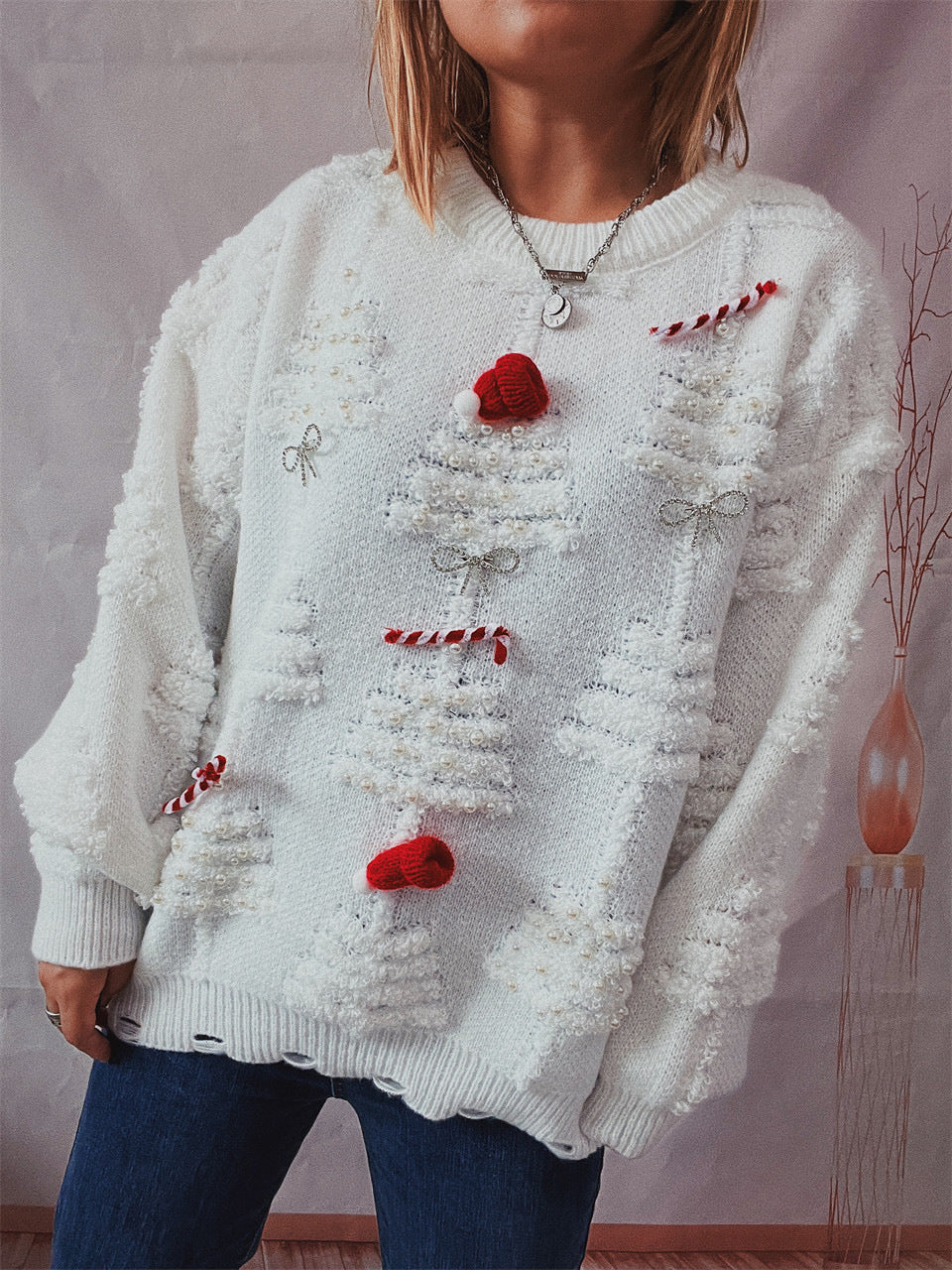 Handcrafted Pearl Embellished Knit Sweater