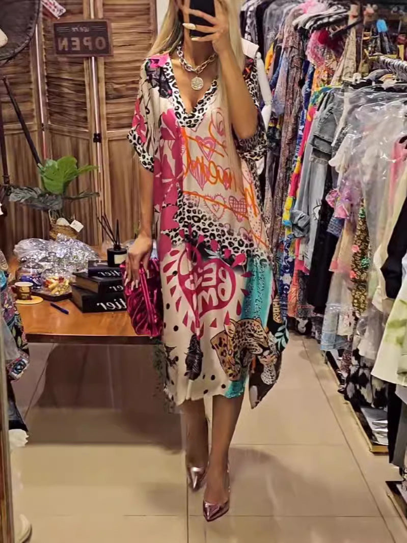 Casual Leopard Print Deep V-Neck Dress
