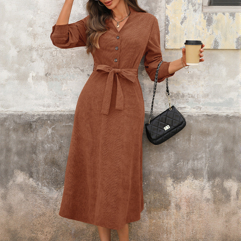 Button-Down V-Neck Dress with Tie Waist