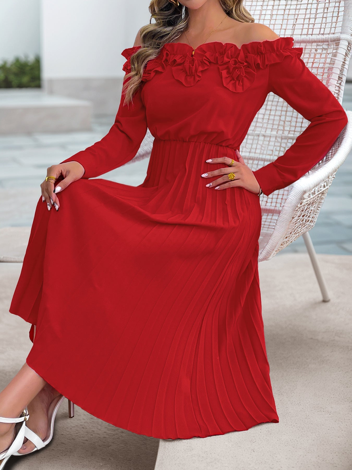 Off Shoulder Long Sleeve Solid Color Dress