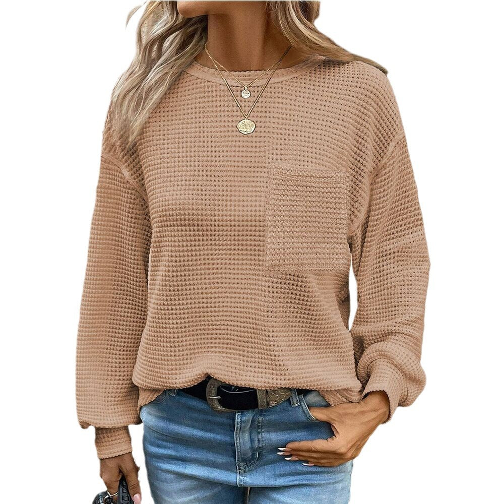 Waffle Knit Long Sleeve Top with Pocket