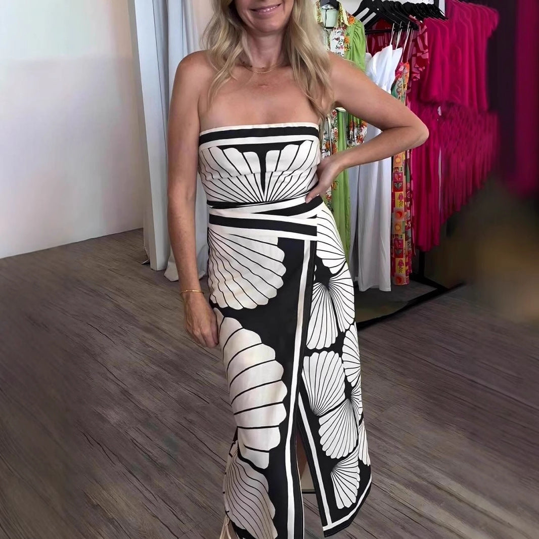 Strapless Shell Print Backless Slit Dress