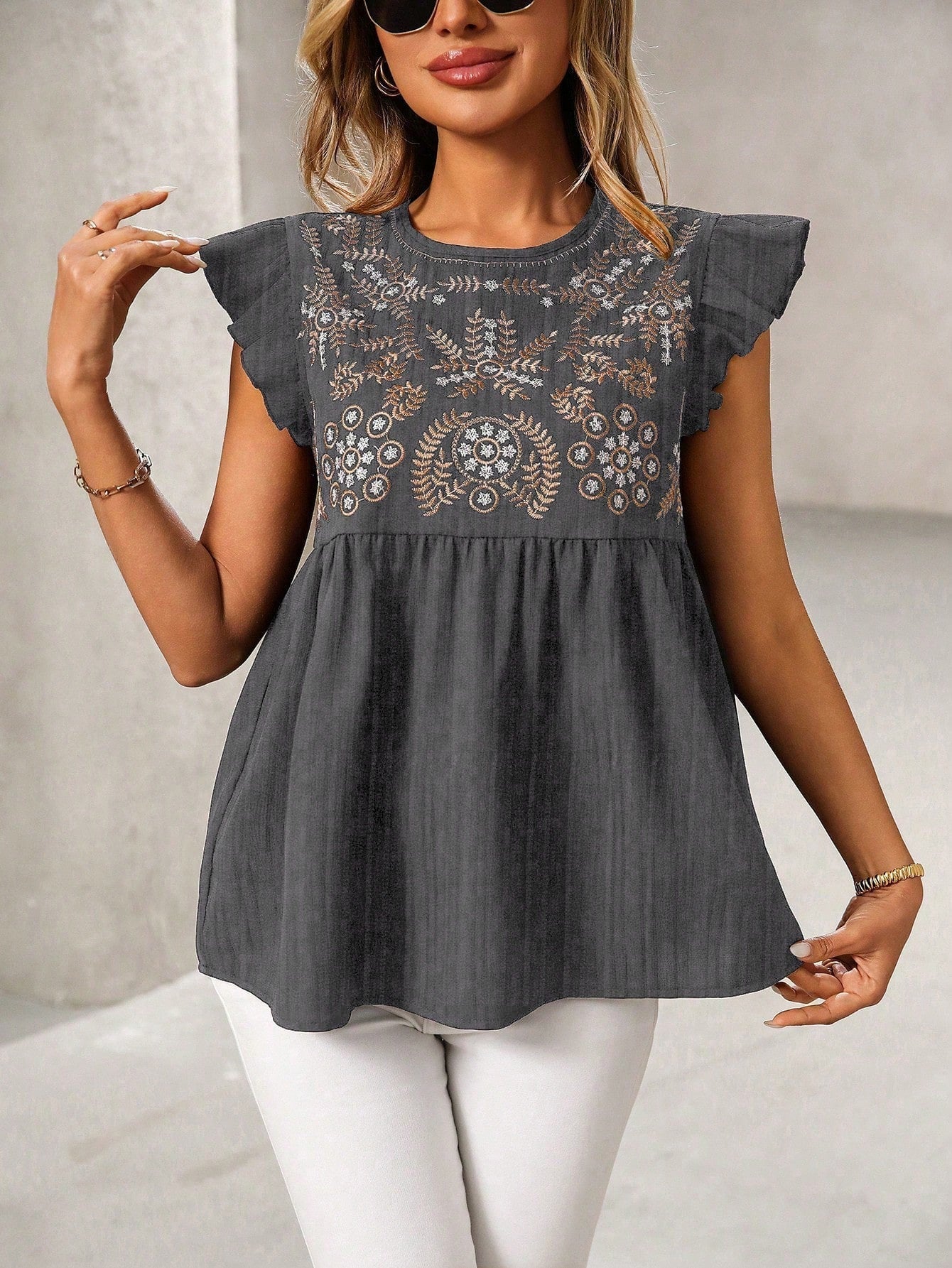 Embroidered Flutter Sleeve Top