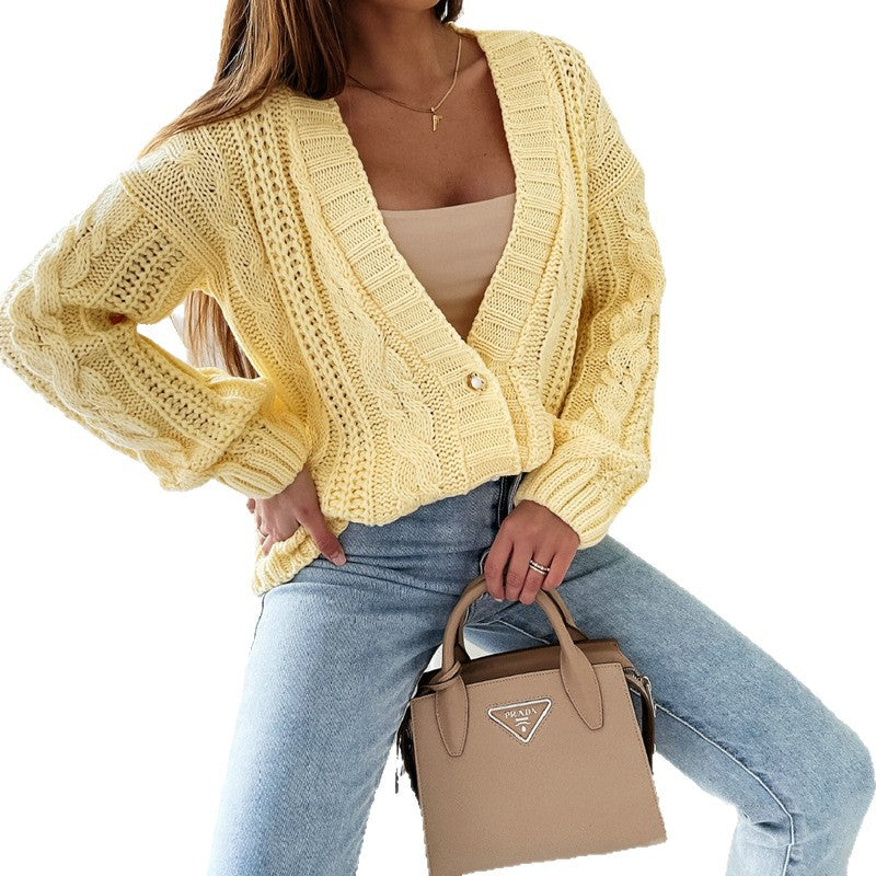 V-Neck Cable Knit Button Cardigan