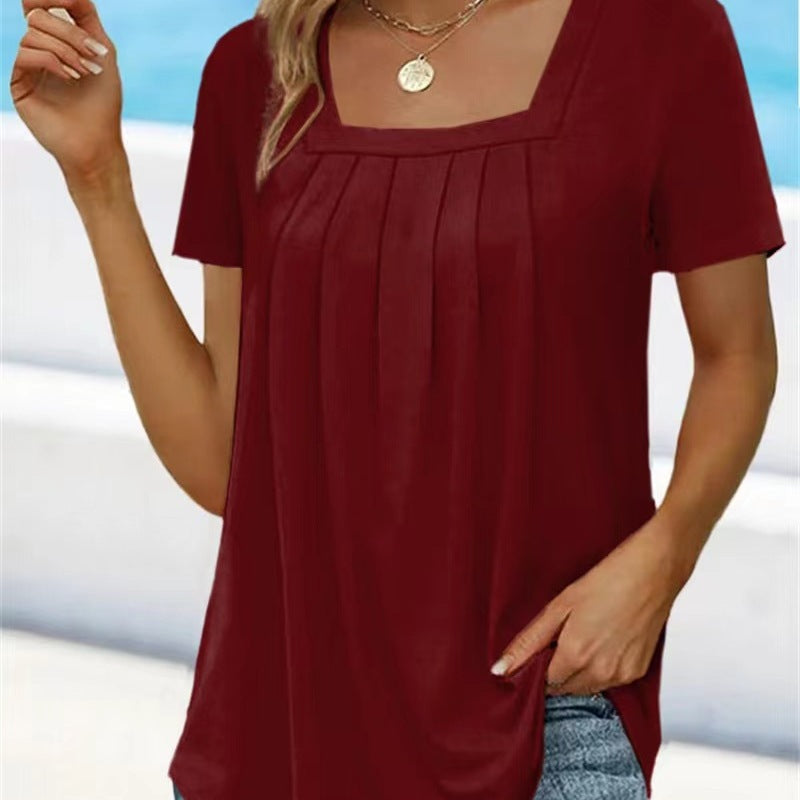 Square Neck Pleated Short Sleeve T-shirt