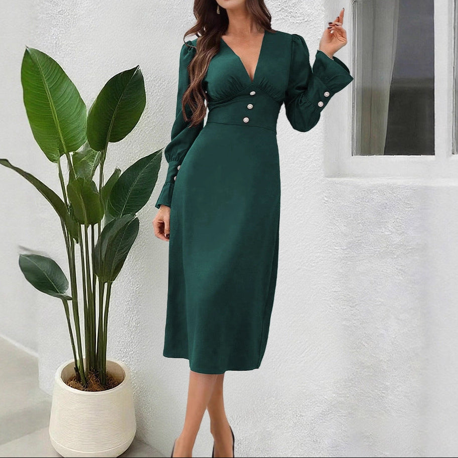 V-Neck Button Detail Long Sleeve Dress
