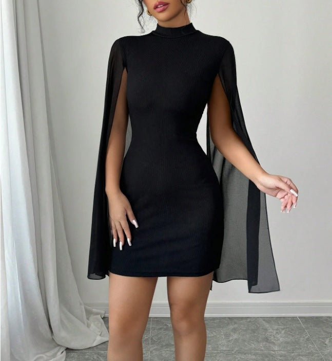Round Neck Ribbed Chiffon Cape Bodycon Dress