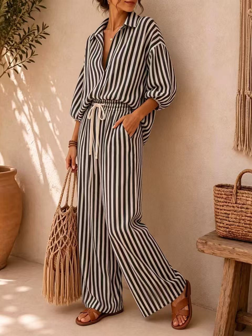 Women’s Striped Shirt and Wide Leg Pants Set