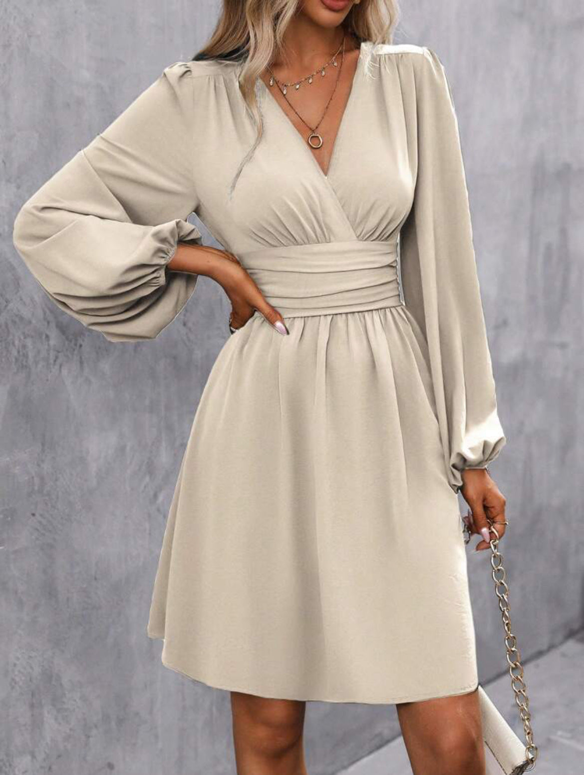 V-Neck Puff Sleeve A-Line Dress