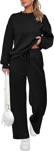 Women’s Two Piece Sweatsuit – Long Sleeve Pullover and Drawstring Wide Leg Pants Set