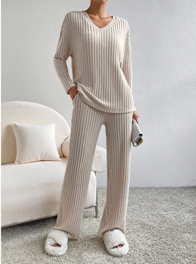Long Sleeve V Neck Ribbed Knit Top and Straight Pants Set