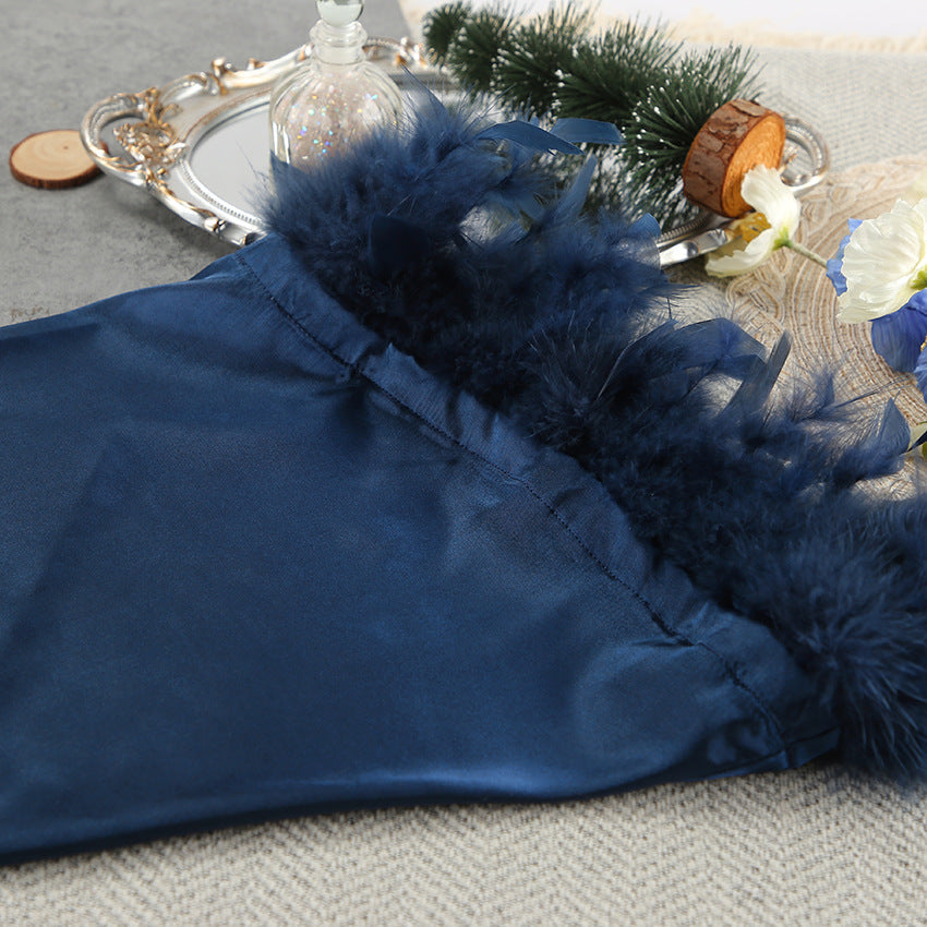 Faux Silk Feather Pajama Set Women Robe Lingerie 3 Piece
