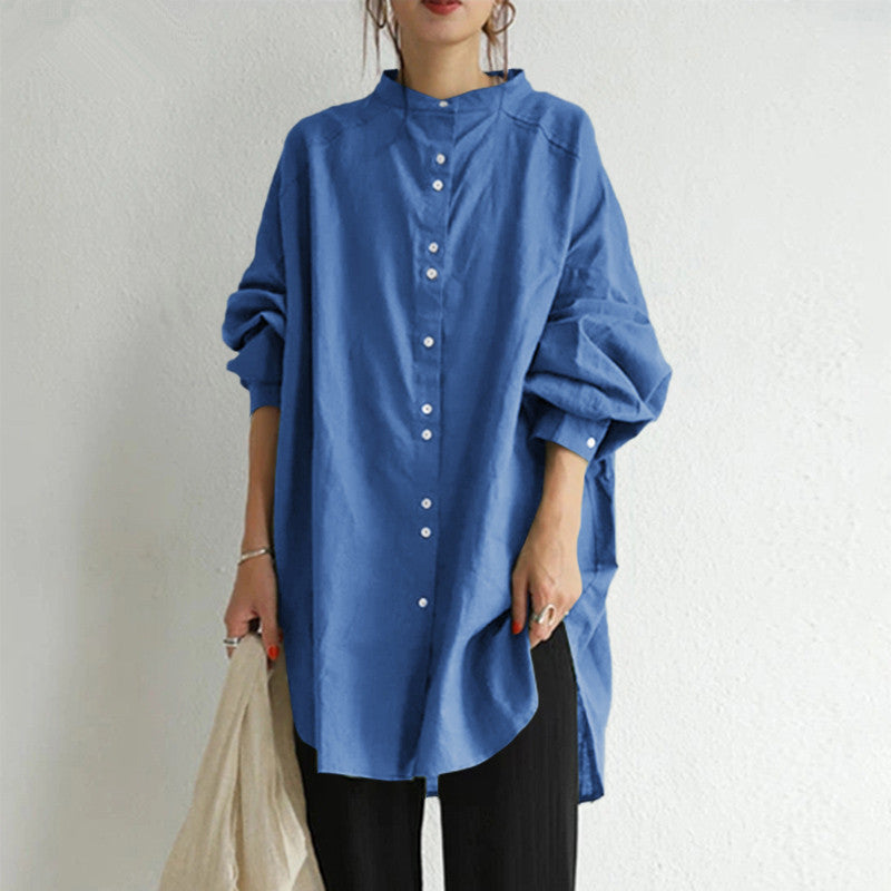 Vintage Mandarin Collar Linen Button Shirt