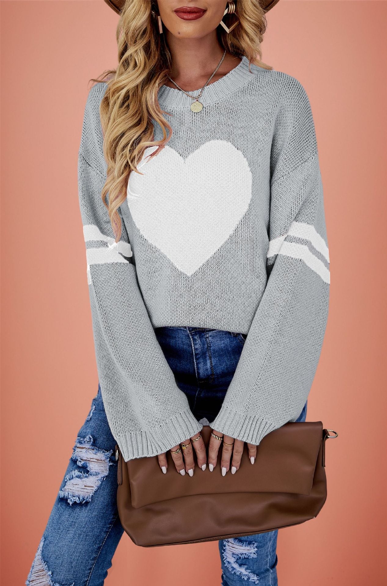 Colorblock Heart Crew Neck Sweater