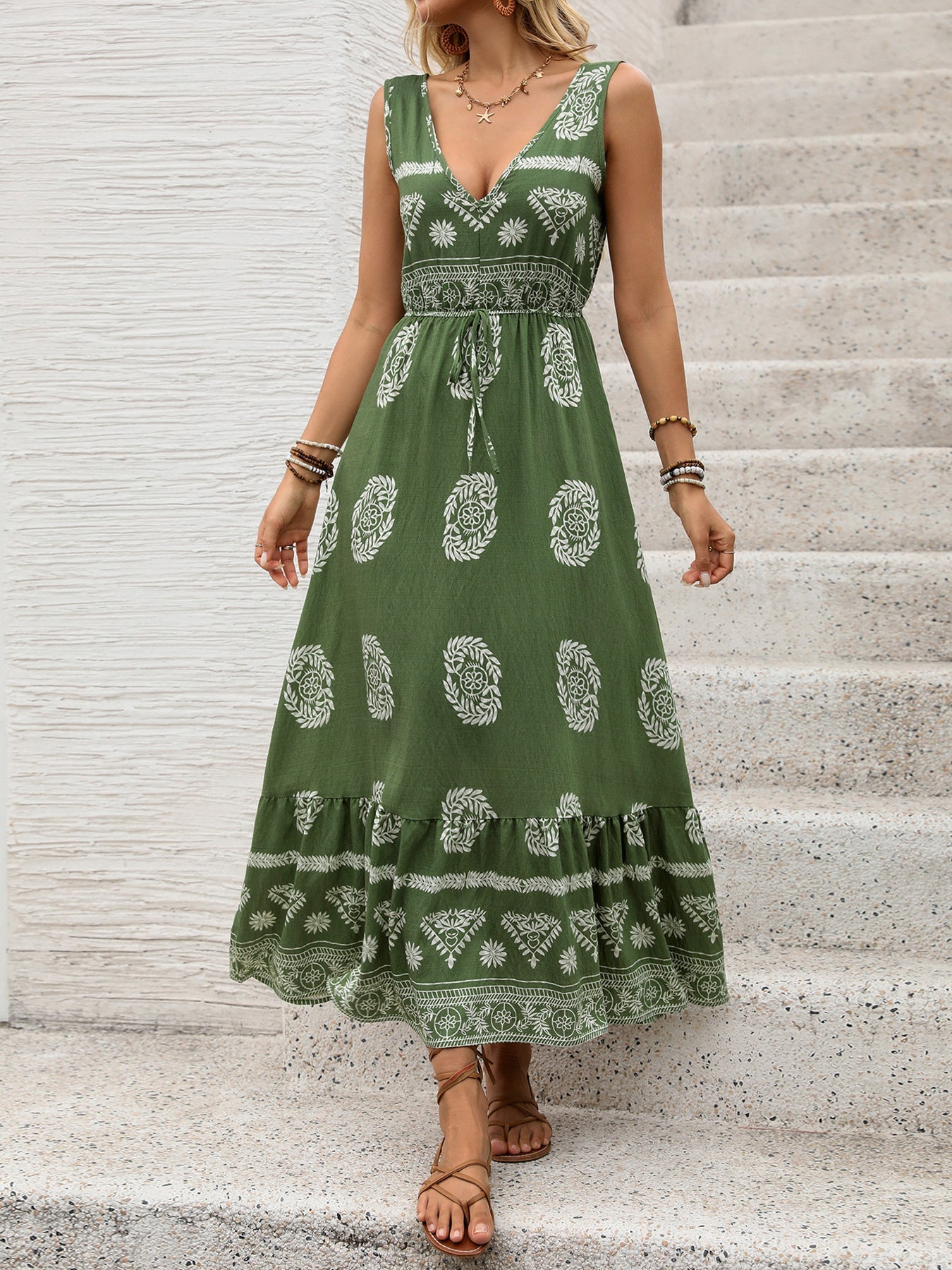 Boho Print V-Neck High Waist Maxi Dress