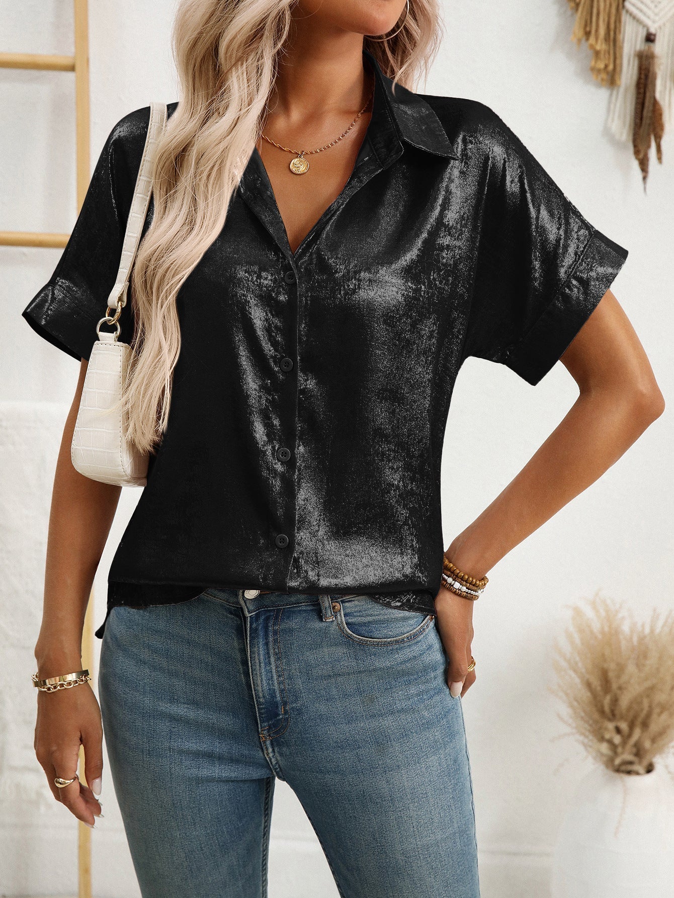 Women's Metallic Collar Short Sleeve Shirt