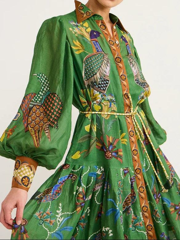 Button-Front Linen Tie-Waist Pleated Dress