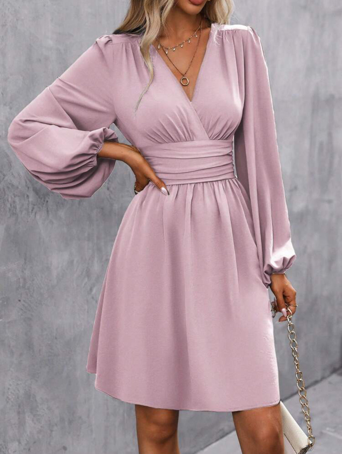 V-Neck Puff Sleeve A-Line Dress
