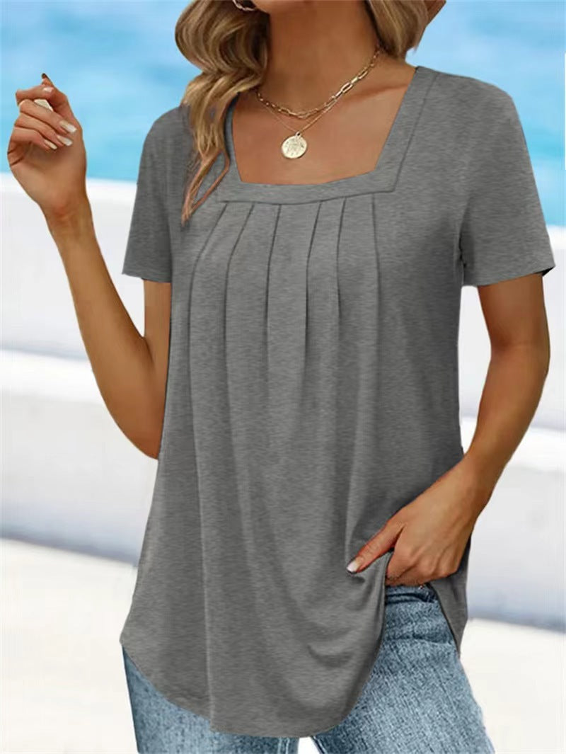 Square Neck Pleated Short Sleeve T-shirt