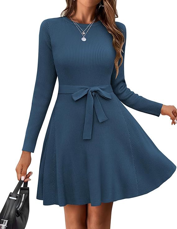 Ribbed Knit Long Sleeve Dress with Belt