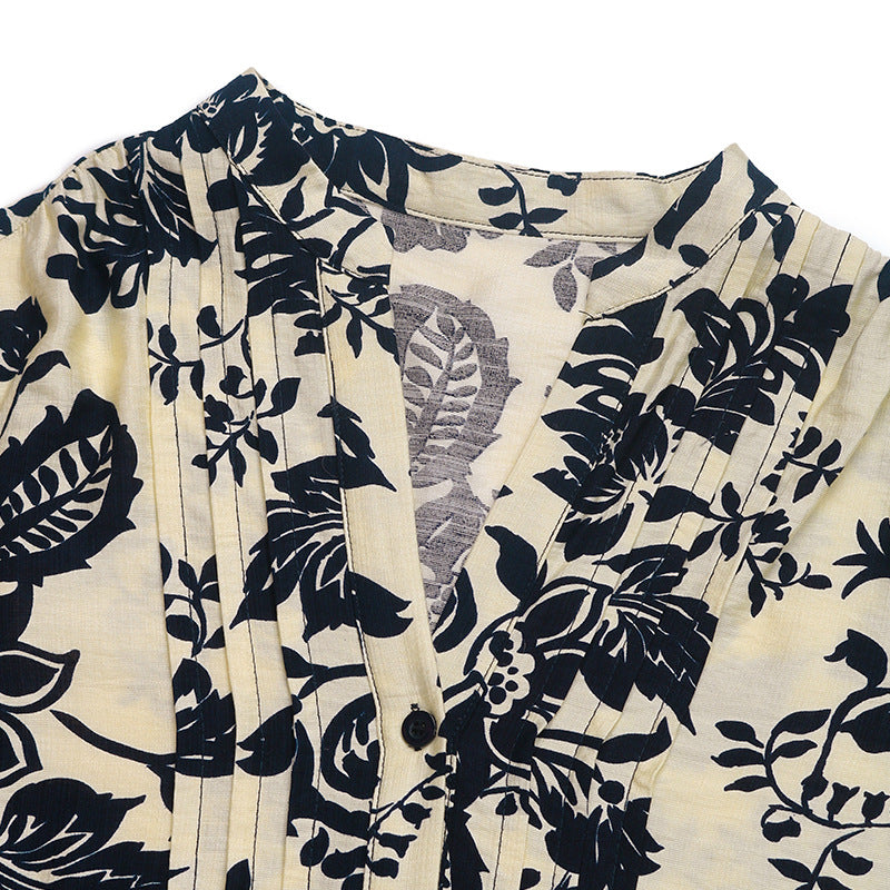 Vintage Print Stand Collar Shirt