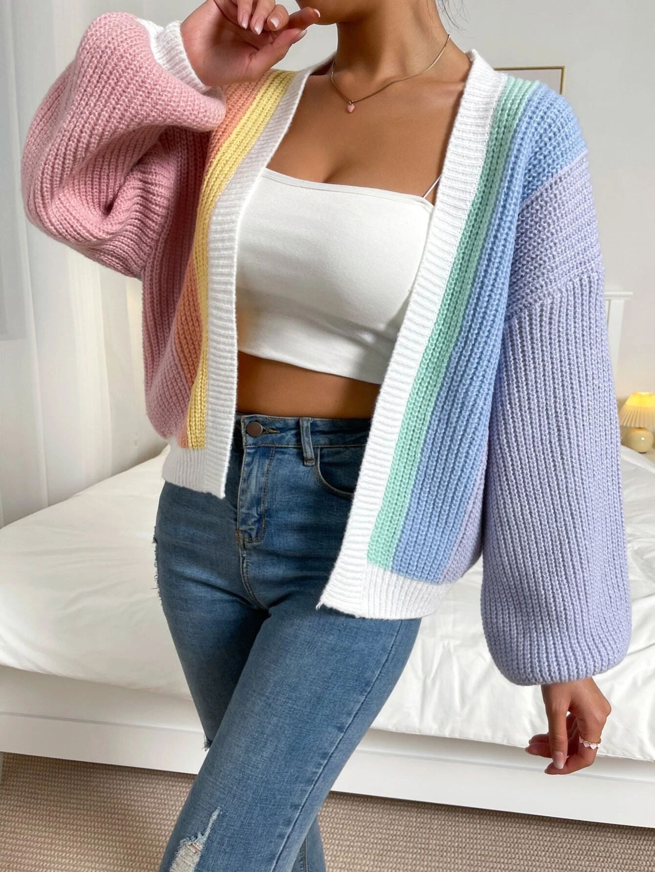 Women Color Block Knit Cardigan