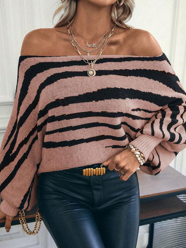 Loose Knit Zebra Pattern Off Shoulder Batwing Sweater