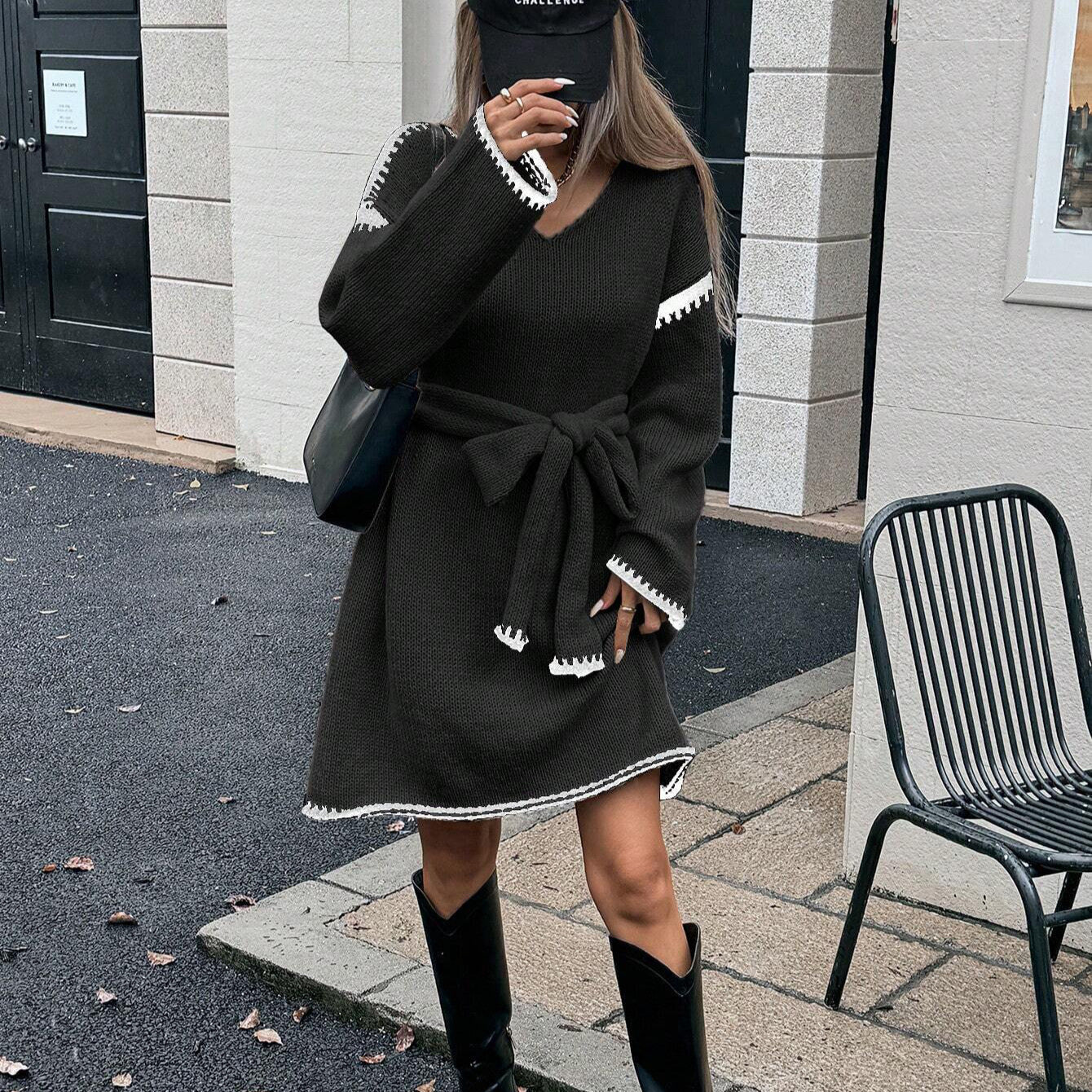 Relaxed V-Neck Knit Dress with Tie Waist