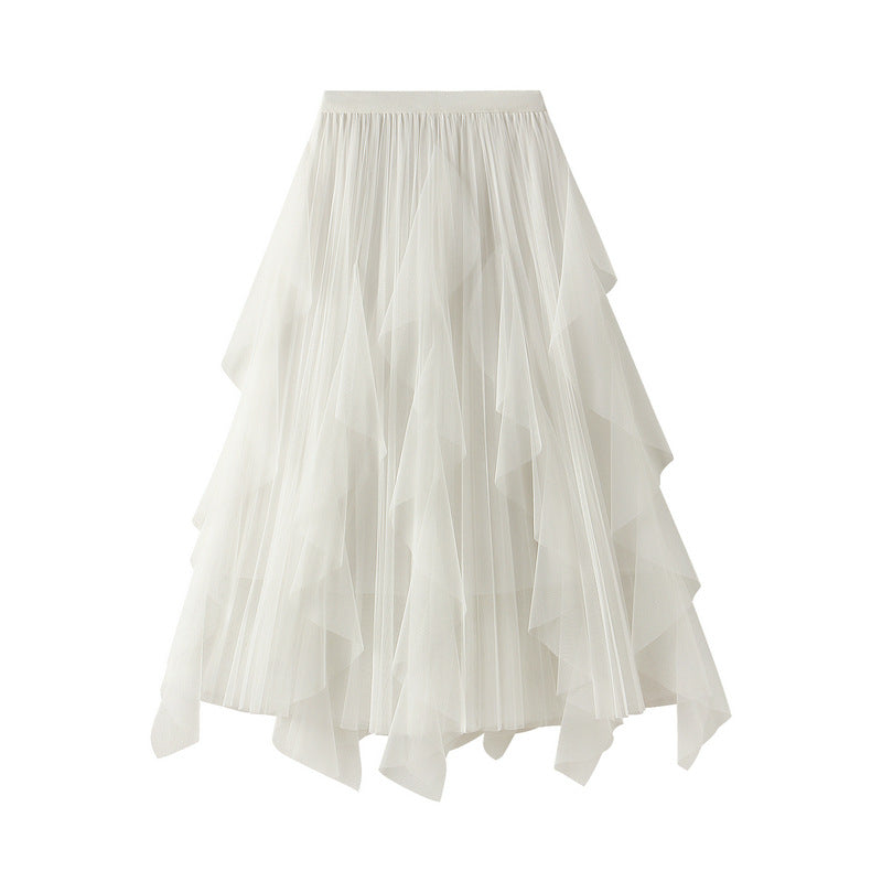 High Waist Ruffle Mesh Pleated Midi Skirt
