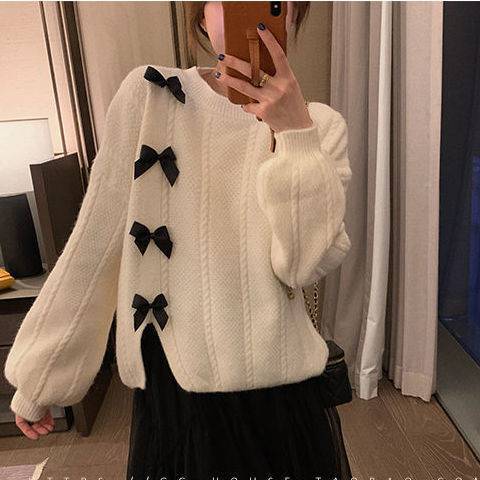 Bow Detail Split Knit Pullover Sweater