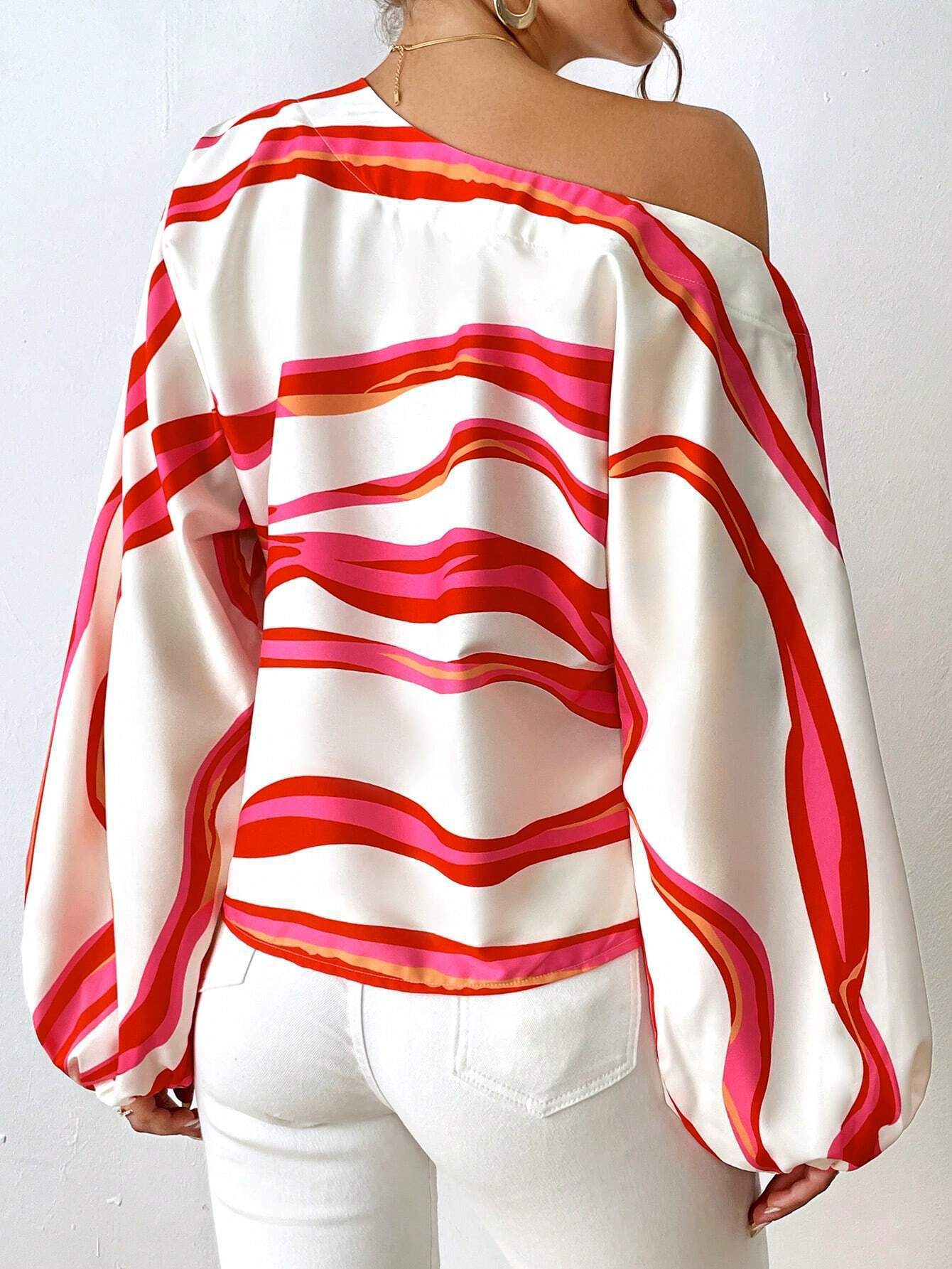 Off Shoulder Printed Loose Fit Shirt T-Shirt for Women