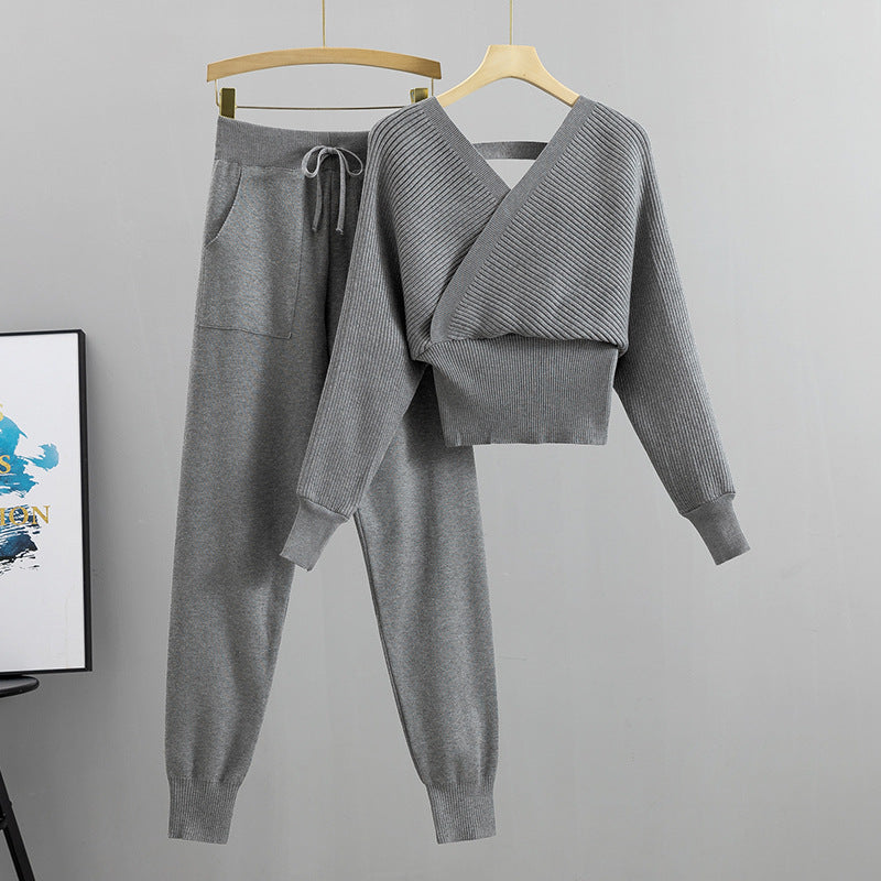 Off-Shoulder Knit Top and Jogger Set